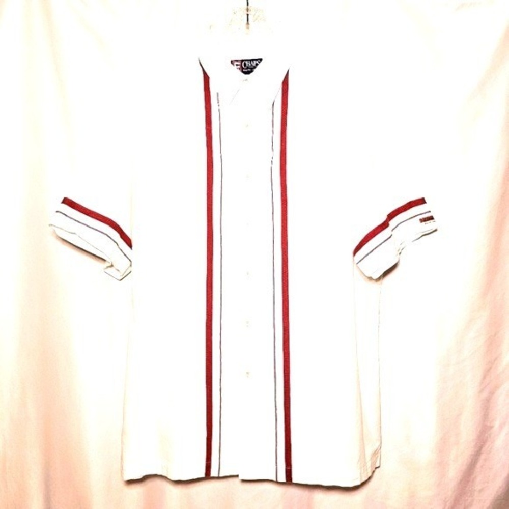 Chaps Ralph Lauren Mens White Cotton Short Sleeve Button-up Shirt Red Stripe